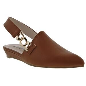 Bellini Fret Slingback Flats, Tan Smooth, Gold Chain, Ponted Toe, Sz 9.5 NEW